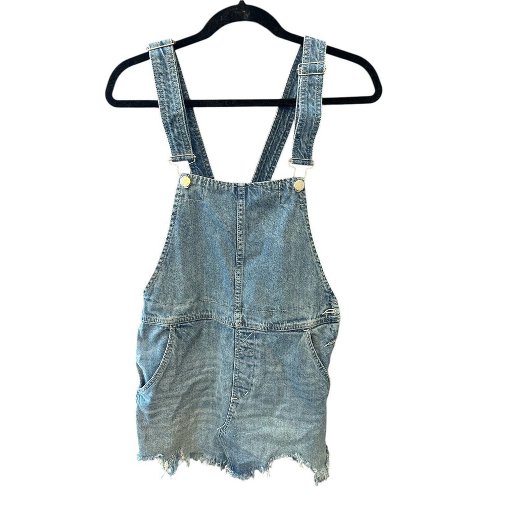 FREE PEOPLE Size 2 Blue Denim Overall Dress Frayed Mini Dress Y2k festival boho